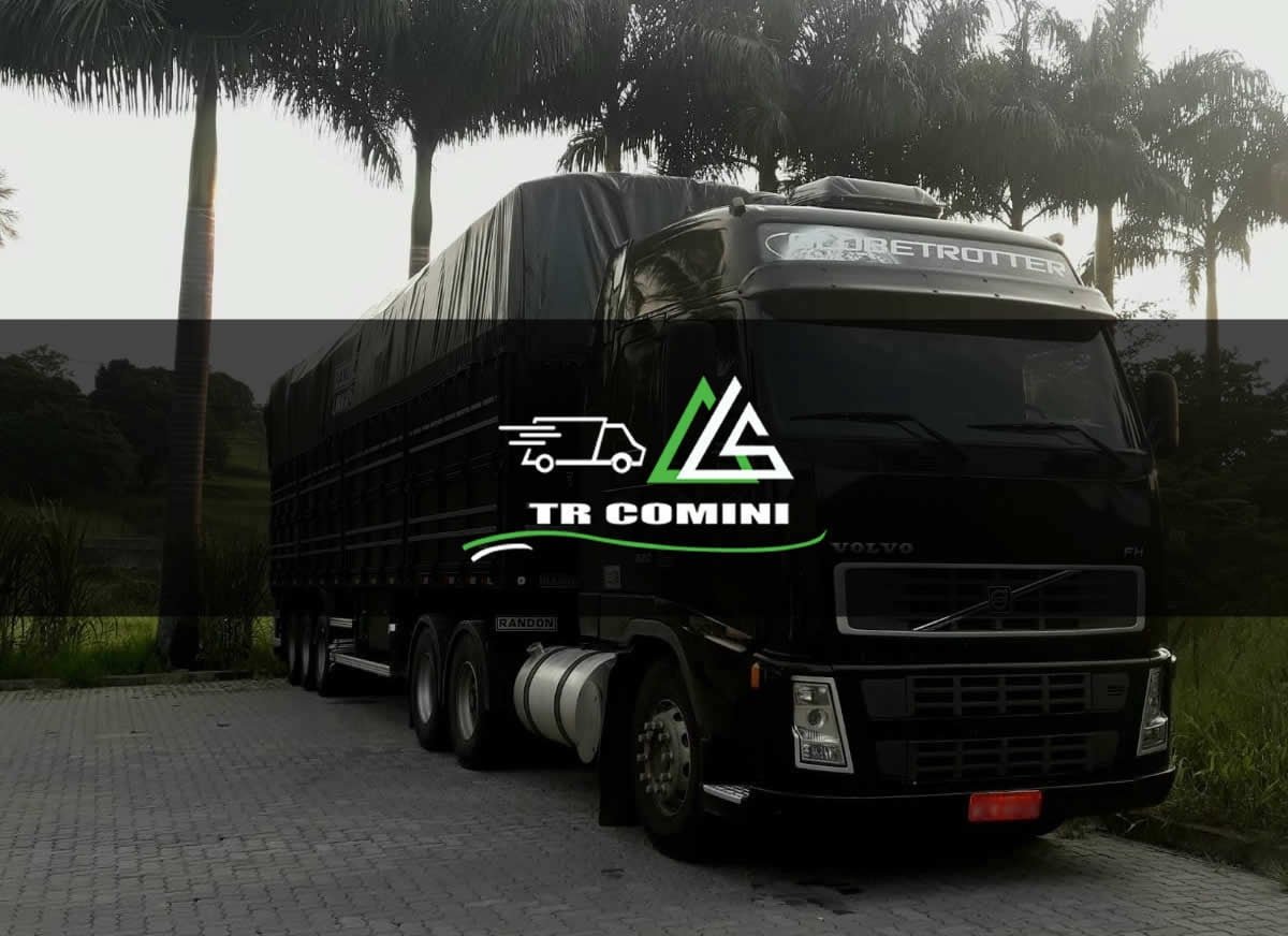 Caminhão TR Comini com lona preta em frente a palmeiras